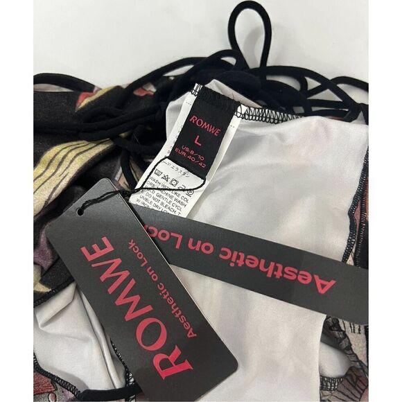 Romwe Black Multicolor Moon Floral Print Halter Top Size L Lace Up Open Back - Picture 7 of 10